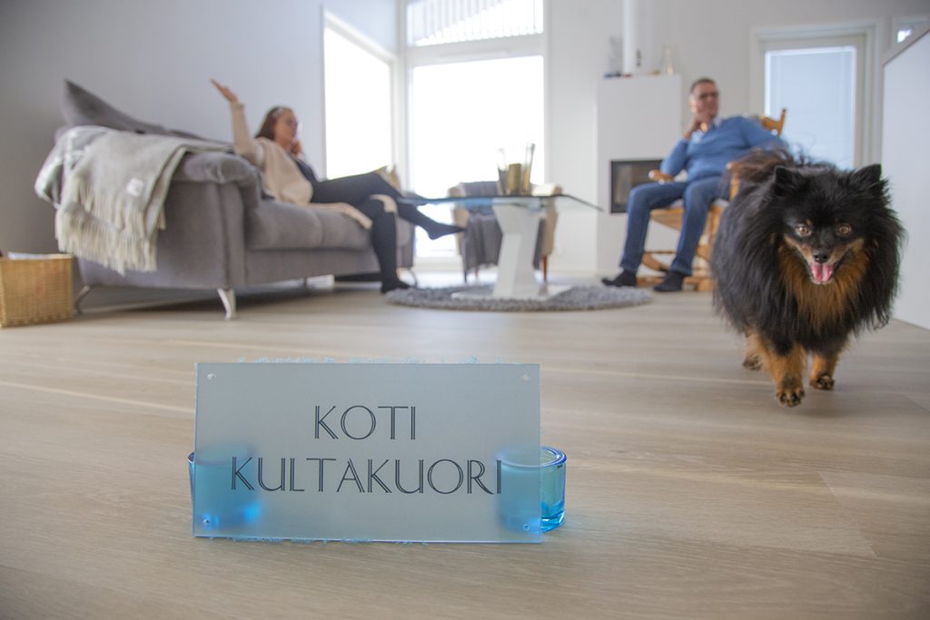 Olohuoneessa istuvat Terhi ja Tommi Peura, kuvan etualalla myös koira ja kodin nimi kyltissä