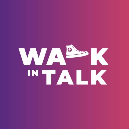 Seinäjoen Seurakunnan Walk-in-talk logo violetilla taustalla